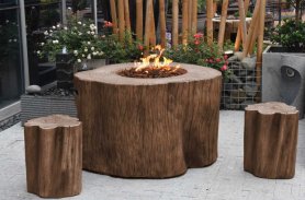 Luxusní stůl s plynovým ohništěm z betonu - Imitace dřevěný pařez hnědý