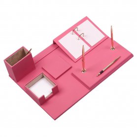 Skrivbordsbord i rosa läder för kvinnor - 8 st kontorstillbehör (100 % HANDGJORT)