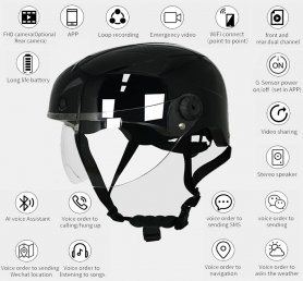 Cámara para casco de motocicleta: doble frontal 1080P y trasera 720P + WiFi P2P + Asistente de voz AI + Sensor G