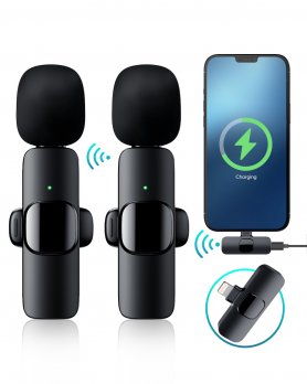 SET Microfon wireless pentru smartphone 2x cu transmițător cu USBC + Clip + înregistrare la 360°