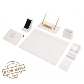 Bürozubehör aus Leder in Weiß - Schreibtischset - 12 Stück (handgefertigt)