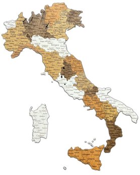 Carte de l'Italie avec les villes - Cartes murales en bois 3D/2D Cartes italiennes en bois sur le mur