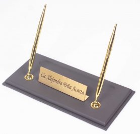 Kožni stalak za olovke za radni stol + zlatna pločica s natpisom + 2 zlatne olovke