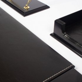 Schreibtisch Pad Luxus Büro Set Holz 8 Stück - (Walnuss + Leder) handgefertigt