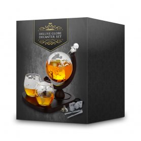 Whiskykaraffe und Gläser auf einem Holzständer - Whisky-Kristallkugel-Set + 2 Gläser und 9 Steine