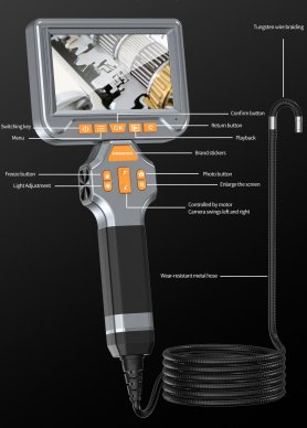 Endoscopio eléctrico de 2 articulaciones con rotación HD + autoenfoque + pantalla de 5" + cámara de 6 mm con LED + grabación en micro SD