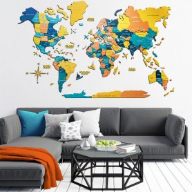 Mapa de pared colorido decoración de madera 3D - SUNRISE 150 cm x 90 cm