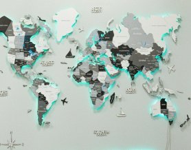Wodden világtérkép a falon - LED-es megvilágított 3D-s alakzat Fehér-szürke - 150 cm x 90 cm