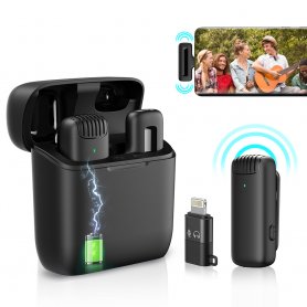 Wireless microphone (mic) for mobile phone with transmitter - USB-C + Lighting + charging case
