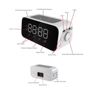 Đồng hồ báo thức + sạc không dây 10W + pin 2200 mAh với đầu ra USB A và USB C 5V