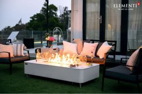 Mesa de lujo de mármol blanco con chimenea de gas para jardín y terraza + cristal decorativo