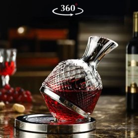 Krištálová karafa na víno červené rotačná - luxusný darčekový set s 2 pohármi - Zlatá / Strieborná