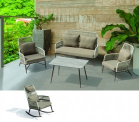 Posti a sedere in terrazza in giardino - sedia a dondolo e statica + doppio sedile per 5 persone + tavolo alto