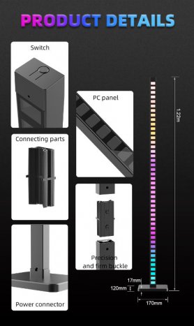 Led-equalizer festlysstang 1,2 m – lydfølsom med RGB-farger
