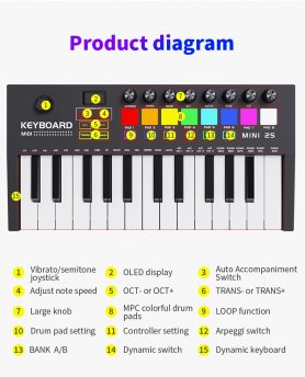 Piano digital electrónico - 25 teclas MIDI + 8 pads de batería - Teclado con bluetooth