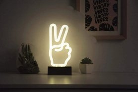 Logotipo LED de neón brillante con soporte: símbolo de paz de la mano (dedos)