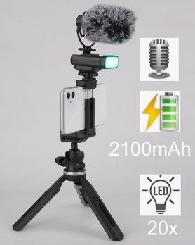 Stativ för vloggers - SET för smartphone med LED-ljus och extern mikrofon