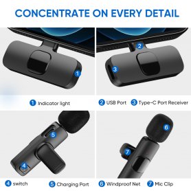 Mobile mic Wireless - Smartphone microphone with USBC transmitter + Clip + 360° recording