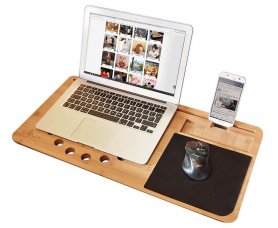 Bloc de birou pentru notebook din lemn (100% bambus) cu suport pentru telefon mobil