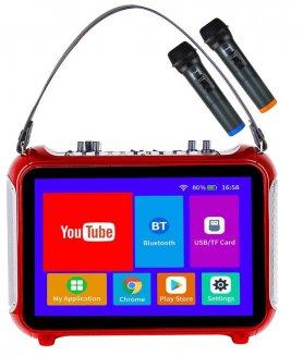Портативная система для караоке-вечеринок — динамик 20 Вт + сенсорный экран 12 дюймов + 2 микрофона Bluetooth