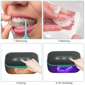 Limpiador de dientes postizos: retenedor de dentaduras postizas/anillos/auriculares secador UVC ultrasónico hasta 50 ℃