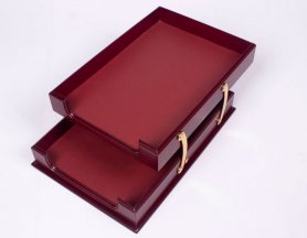 Wooden and leather document tray double Bordeaux color (Hand Made)