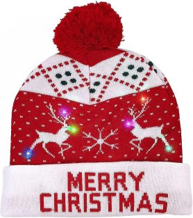 Winter christmas hat with pom pom - Light up beanie with LED - MERRY CHRISTMAS