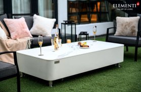 Luksus bord i hvit marmor med gasspeis til hage og terrasse + dekorativt glass
