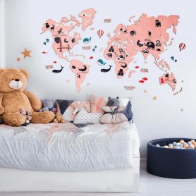 Mapa del mundo con animales para niños - mapa 2D de madera en la pared - ROSA 100x60cm