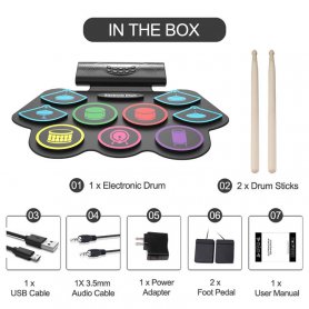 Drums silikonpad (elektroniskt trumset) - 9 trummor (MP3 + hörlurar) + Bluetooth