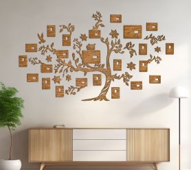 Rodostrom na stenu z dreva - Nástenný dreveny rodo strom rodiny + fotorámiky 221×140 cm