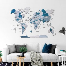 Wood map - wall travel map 3D Blue colour AQUA 150x90 cm