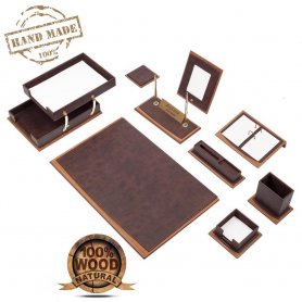 Irodai asztalkészlet - luxus asztali szett 11 db (barna fa + bőr)