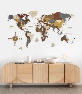 Malá drevená mapa sveta na stenu 4D - cestovateľské mapy z dreva 120x70cm - INDIGO