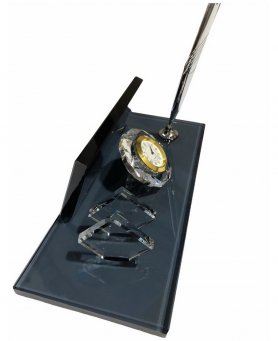 Porte-stylo en verre couleur noire - avec montre + porte-cartes de visite + stylo argenté