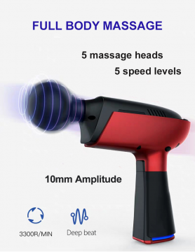 Massagevibrationspistol - 5 hastighetsnivåer och 5 massagehuvuden