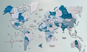 3D drvena karta svijeta na zidu u boji - AQUA 100x60cm