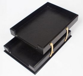 Bandeja de papel organizador madera color negro + cuero + accesorios dorados
