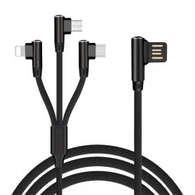 Pletený nabíjecí kabel 3V1 s 90 ° designem konektoru - Micro USB, Lightning, USB-C s délkou 1,5 metru