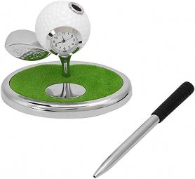Golf ball pen with a stand like a golf stick and ball with a clock