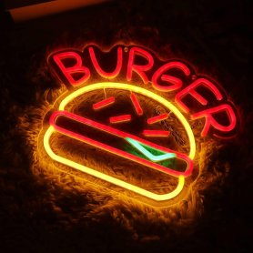 Hamburguesa - Logotipo de letrero de neón con luz LED iluminada publicitaria