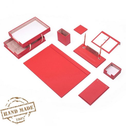 Set di cuscinetti per scrivania da ufficio 10 pezzi per scrivania da donna ( pelle rossa) - fatto a mano
