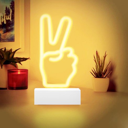 Сяючий неоновий світлодіодний логотип із підставкою — рука (пальці) символ миру