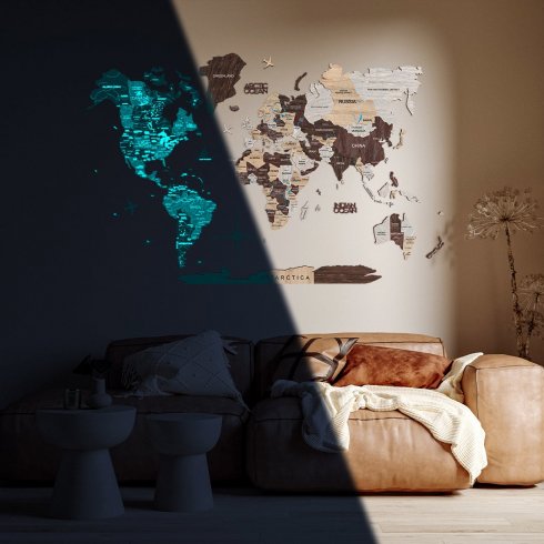 NEON Glowing map on the wall (phosphorescent) - 3D magnetic painting Capuccino L - (150x90cm)