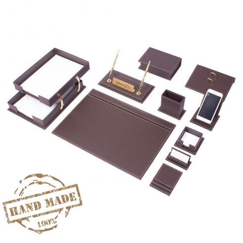 Accessoires de bureau en cuir - Ensemble de bureau de luxe SET 14 pièces  (cuir noir)