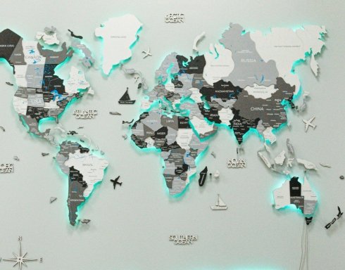 Pasaules karte uz sienas — LED apgaismota 3D forma balti pelēka — 150 cm x 90 cm