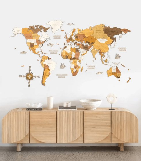 Mapa del mundo de madera para pared 4D - Mapas de viaje de madera decoración multicolor 200x100cm - ORIGINAL