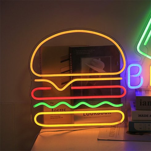 हैमबर्गर - दीवार पर एलईडी रोशनी वाला नियॉन लोगो साइन