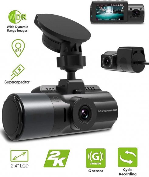 3-kanavainen autokamera GPS:llä (etu/taka/sisä) ja 2K + pysäköintitila -  Profio S12