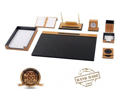 Luksusa stilīgs biroja galds aksesuāru KOMPLEKTS 11gb + ciparnīcas pulksteņi (koks + āda)